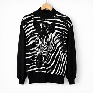 St John Collection Zebra Sweater Embellished Black White Santana Knit Size S USA